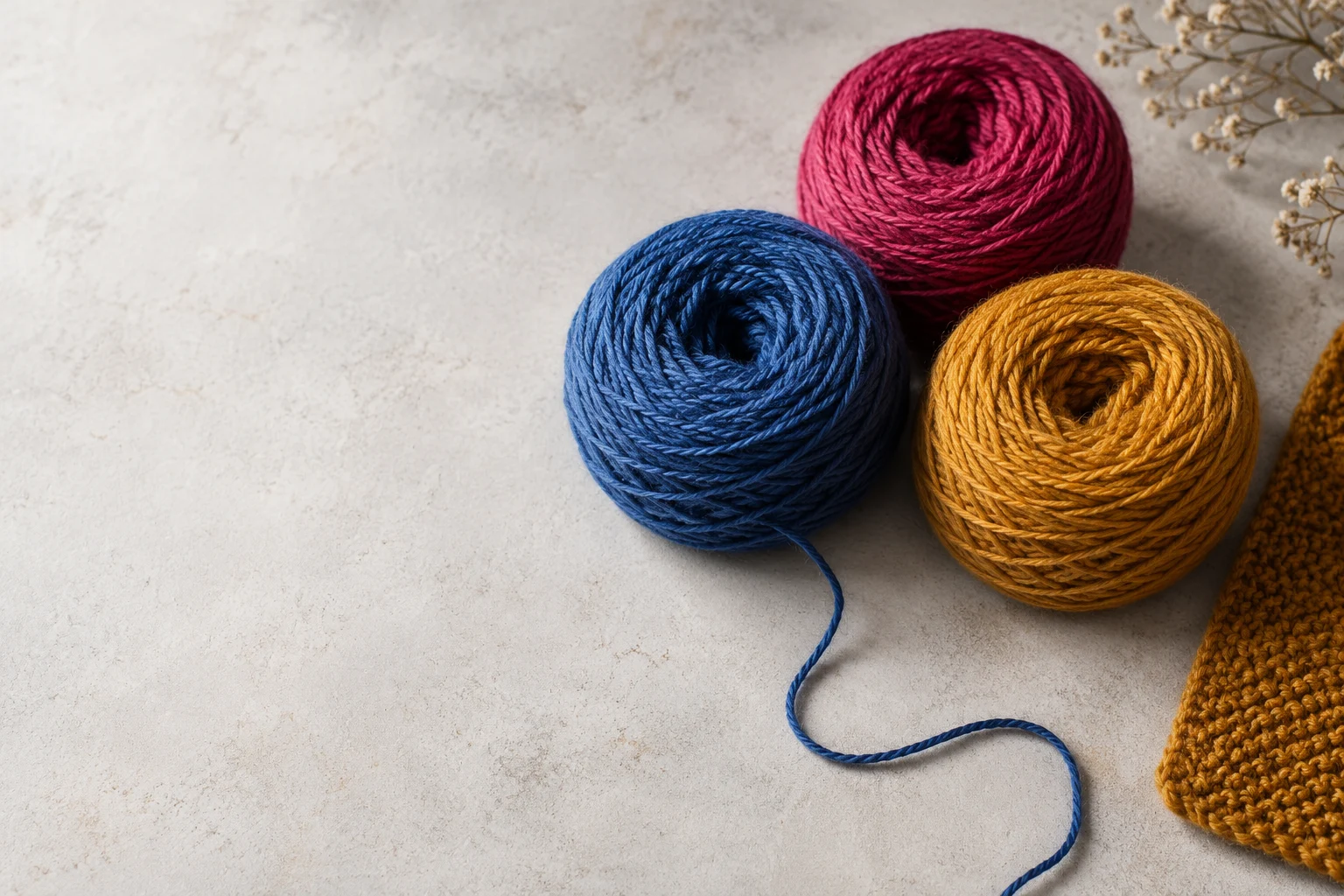 Illustration of blue, raspberry and ochre yarn cakes beside a knitted swatch